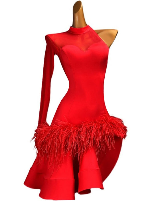 Latin Dance Ballroom Dance Latin Salsa Dance Dress Feathers Rhinestone Women's Girls' Training Performance Long Sleeve - LuckyFash™