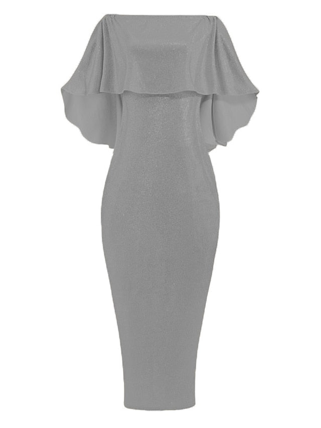 Women's Dress - Formal Party Dress Cocktail Dress Long Dress Maxi Dress Silver Black Champagne Half Sleeve Pure Color Cold Shoulder Winter Fall Spring Off Shoulder Mature Evening Party Wedding
