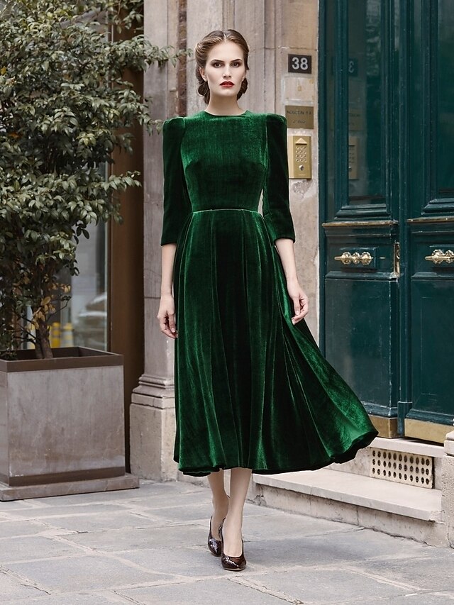 Women's Dress - Semi Formal Party Dress Velvet Dress Green Swing Dress Midi Dress Green 3/4 Length Sleeve Pure Color Velvet Fall Winter Crew Neck Modern 2023 S M L XL 2XL 3XL