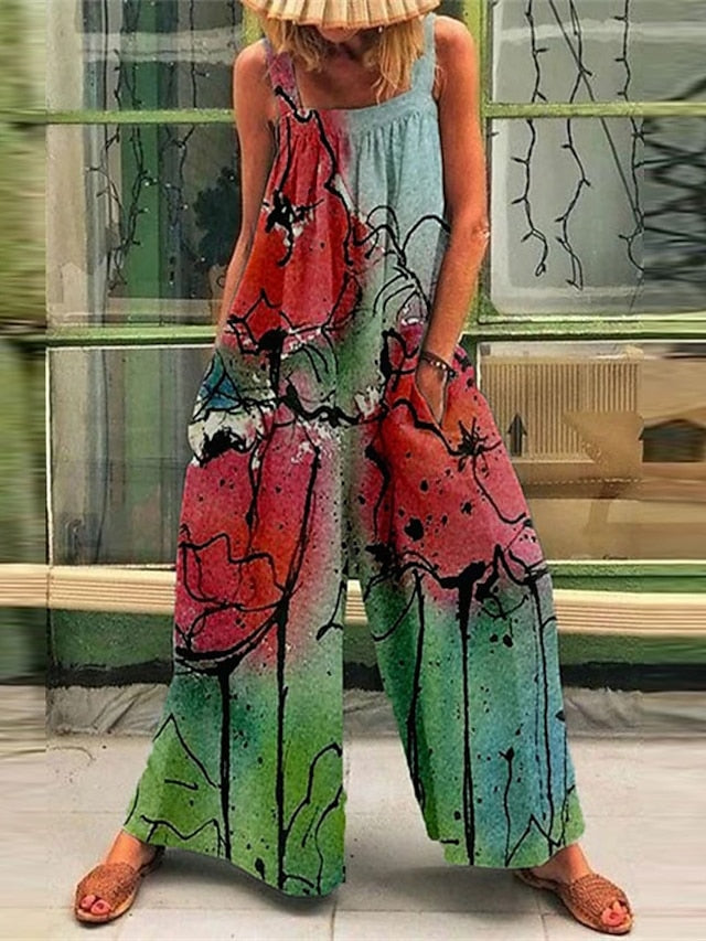 Women's Jumpsuits Casual Summer Overall Pocket Print Floral Square Neck Casual Street Daily Wide Leg Regular Fit Sleeveless Green Blue Pink S M L Spring - LuckyFash™