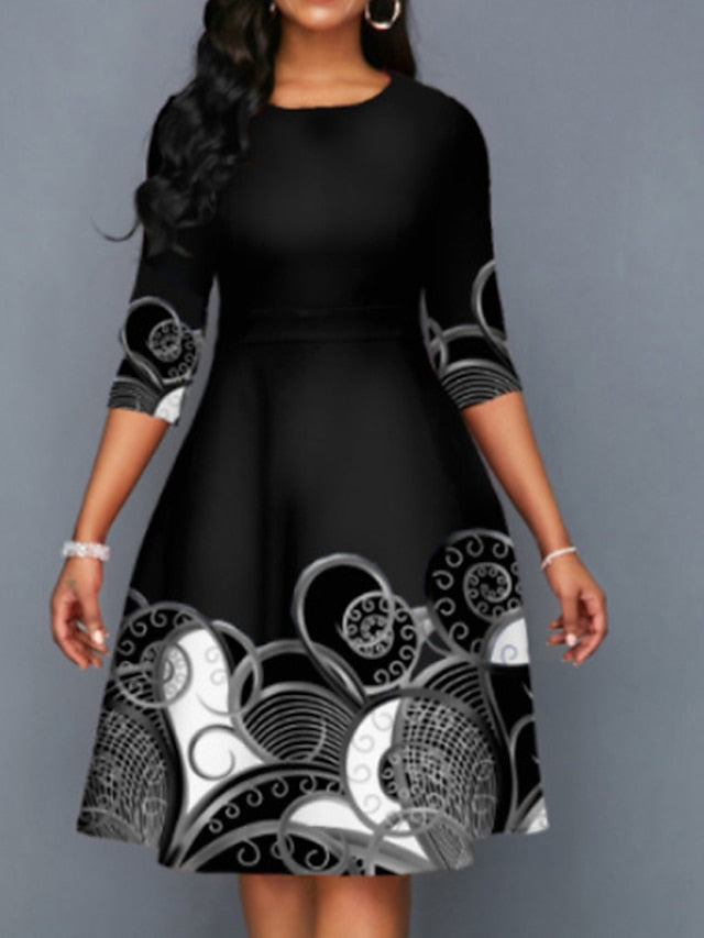 Women's Dress - Casual Dress Church Dress Midi Dress Black Yellow Pink Long Sleeve Print Print Winter Autumn Crew Neck Stylish Winter Dress Fall Dress 2023 S M L XL XXL 3XL 4XL 5XL
