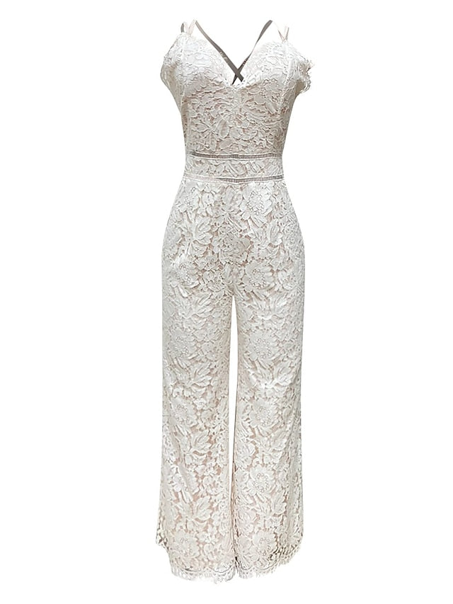 Women‘s Casual Party Street Holiday Deep V 2023 White Black Wine Jumpsuit Solid Color Zipper - LuckyFash™