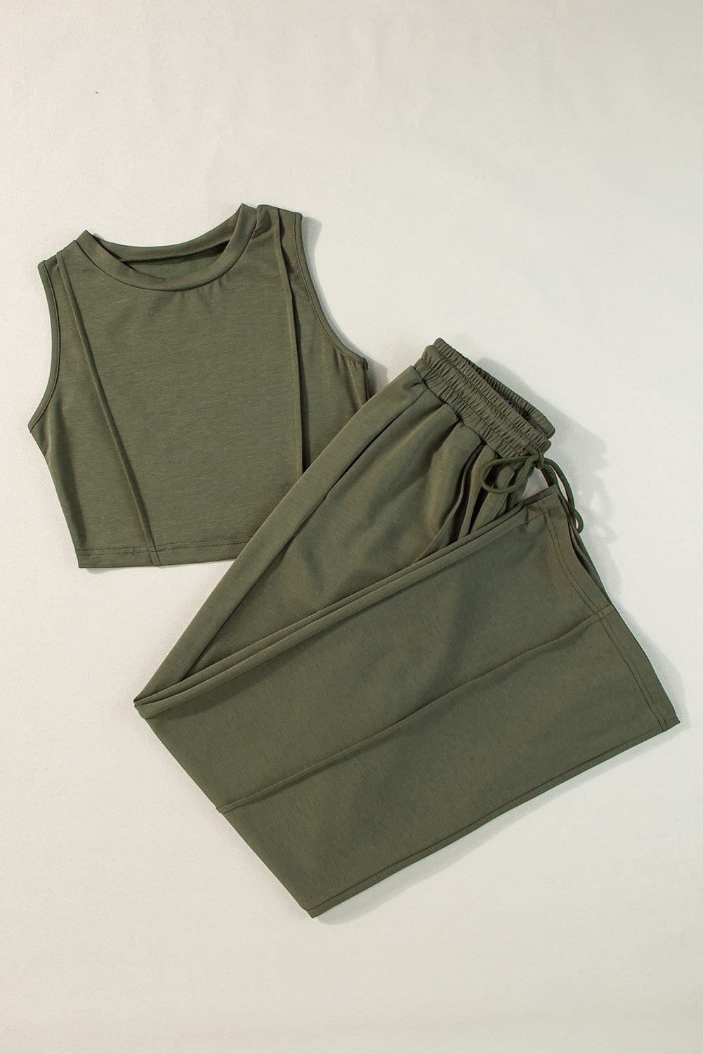 Jungle Green Chic Sleeveless Top and Wide Leg Pants Set
