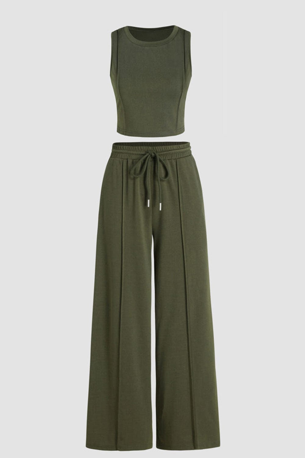 Jungle Green Chic Sleeveless Top and Wide Leg Pants Set