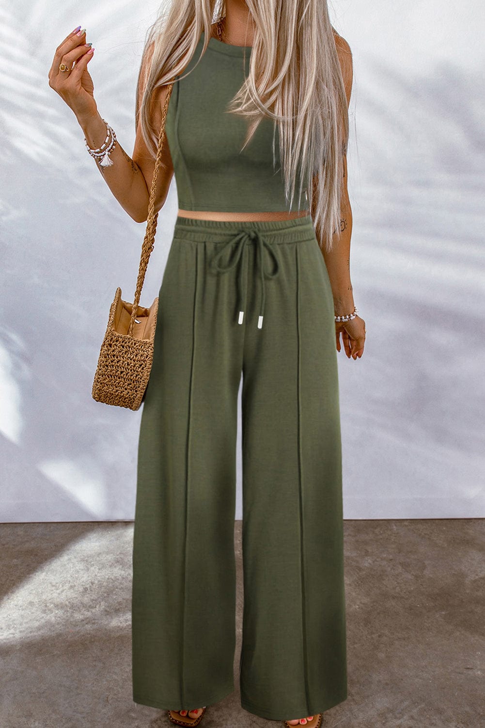 Jungle Green Chic Sleeveless Top and Wide Leg Pants Set