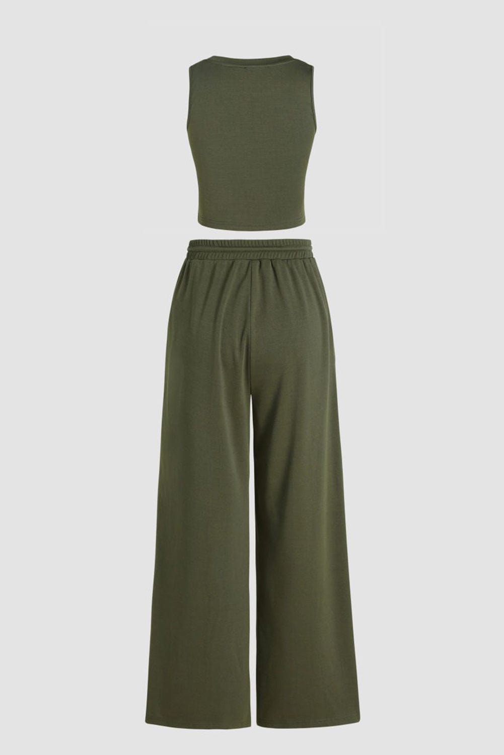 Jungle Green Chic Sleeveless Top and Wide Leg Pants Set