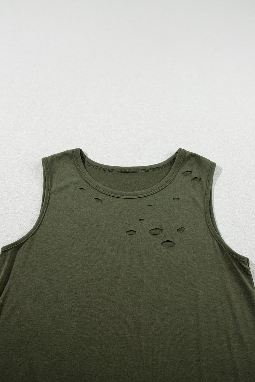 Jungle Green Edgy Distressed Tank Top with Crew Neck