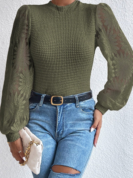 Jungle Green Floral Lace Sleeve Sheath Top