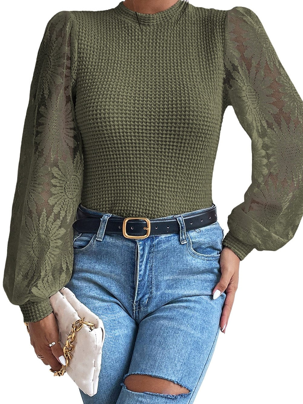 Jungle Green Floral Lace Sleeve Sheath Top