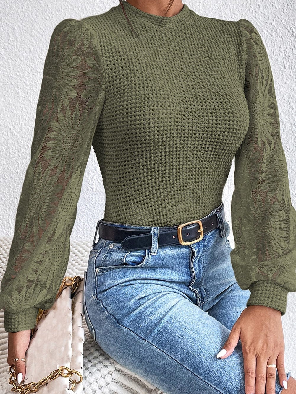 Jungle Green Floral Lace Sleeve Sheath Top
