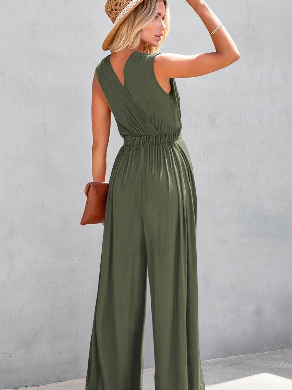 Jungle Green Plunging Neckline Wide Leg Backless Jumpsuit