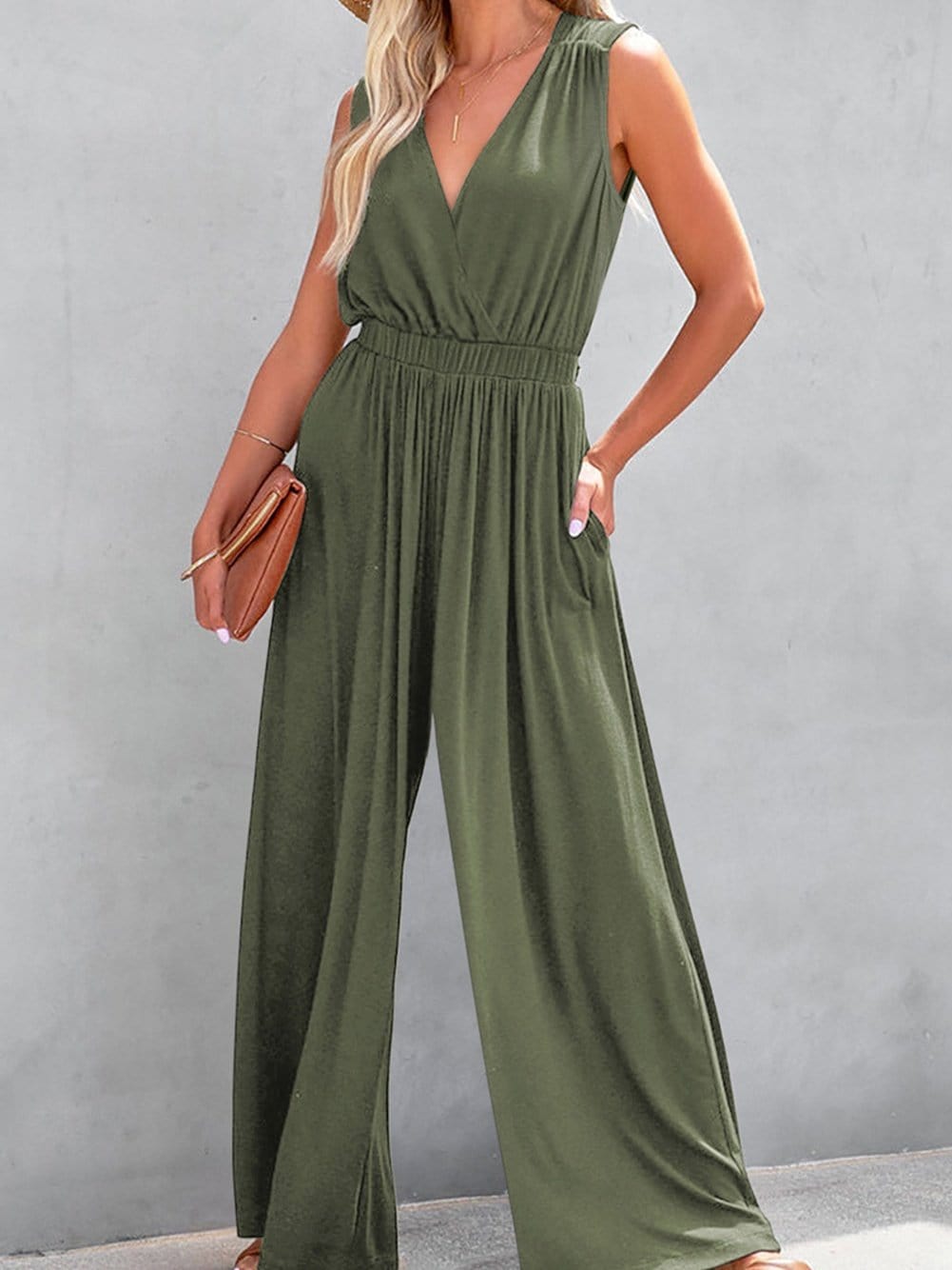 Jungle Green Plunging Neckline Wide Leg Backless Jumpsuit