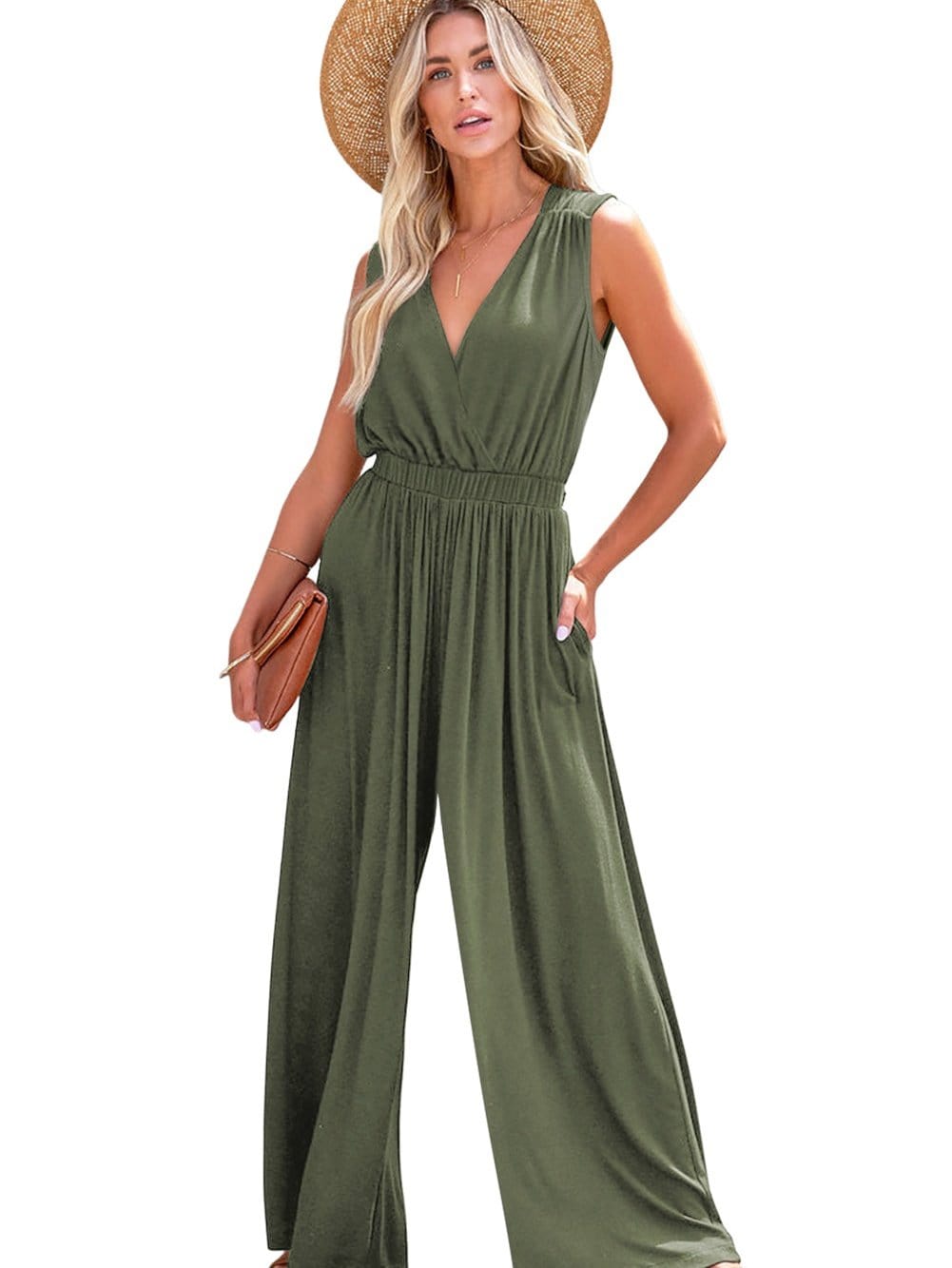 Jungle Green Plunging Neckline Wide Leg Backless Jumpsuit