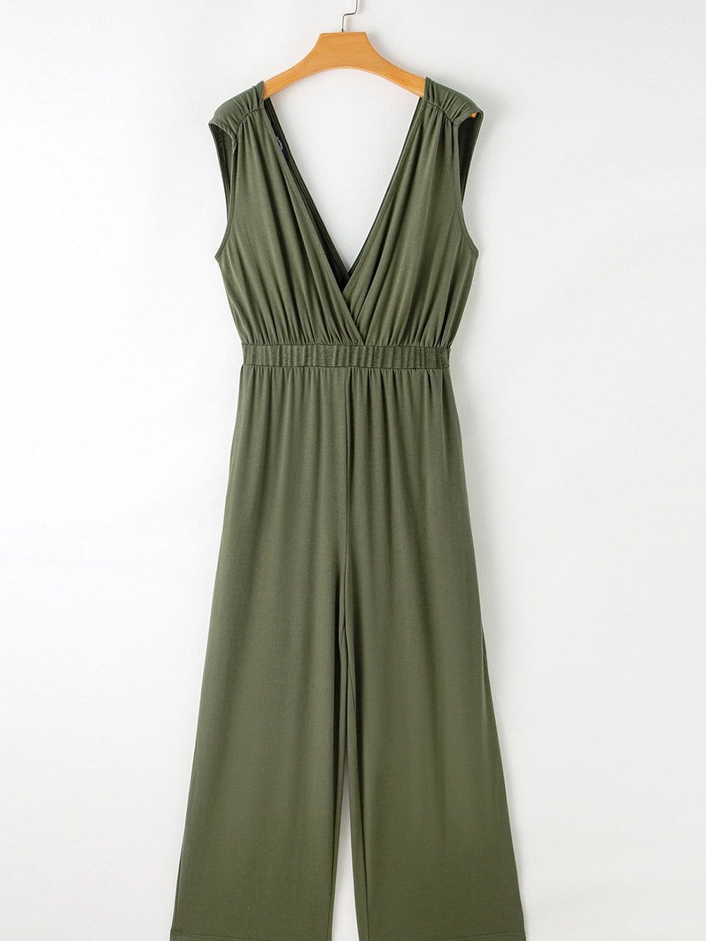 Jungle Green Plunging Neckline Wide Leg Backless Jumpsuit