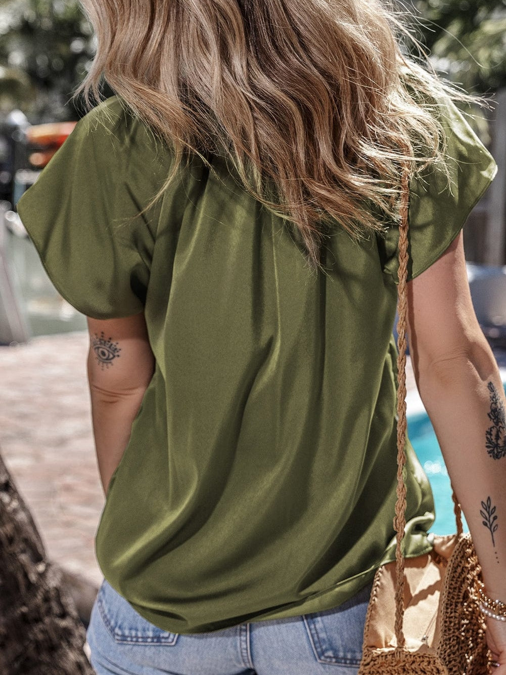 Jungle Green Satin Flutter Sleeve Blouse