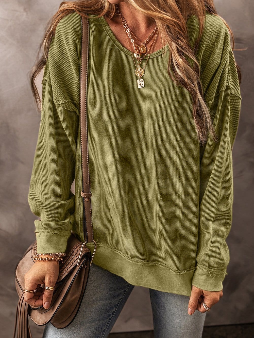 Jungle Green Textured Drop Shoulder Casual Sweatshirt