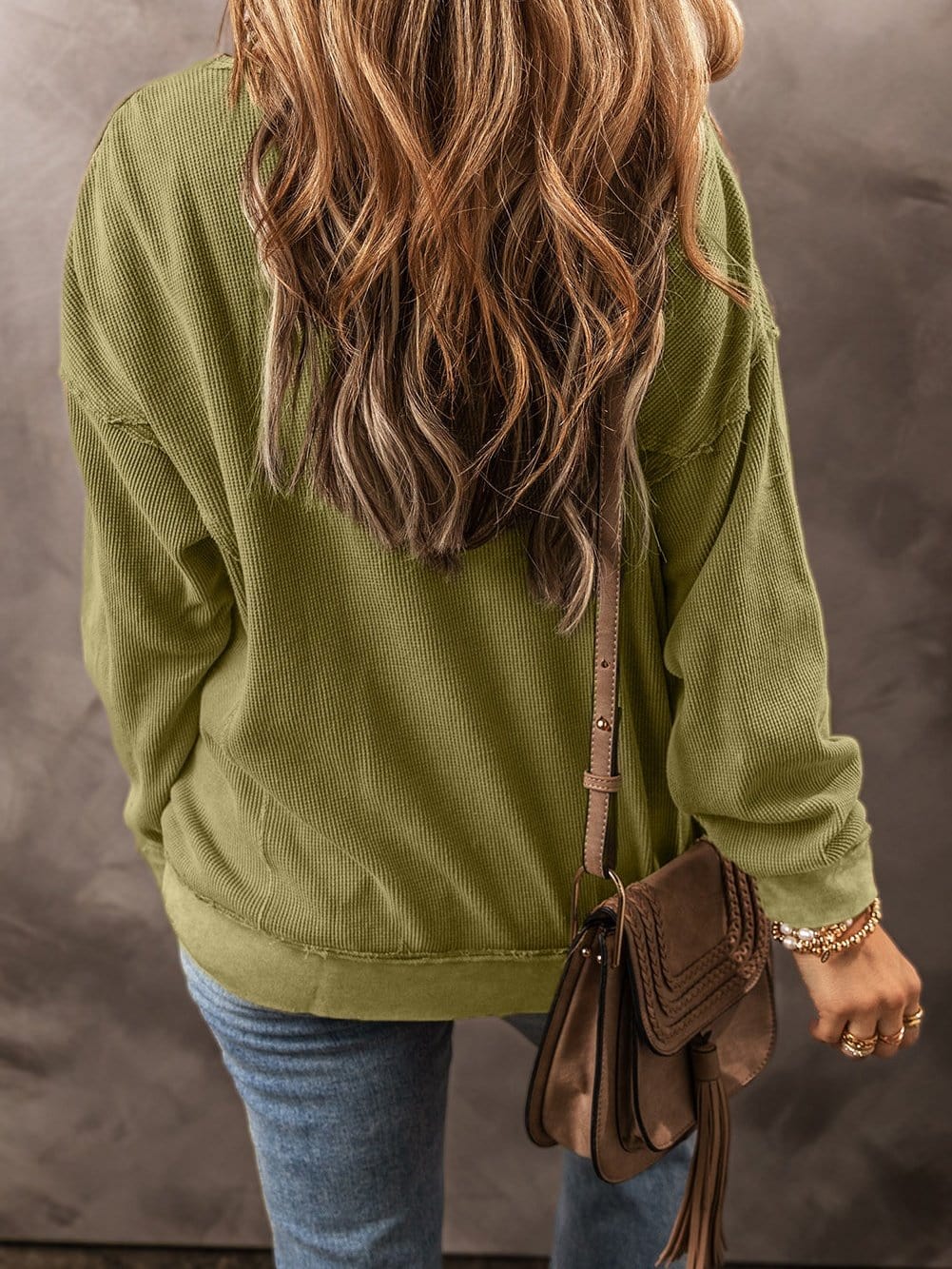 Jungle Green Textured Drop Shoulder Casual Sweatshirt