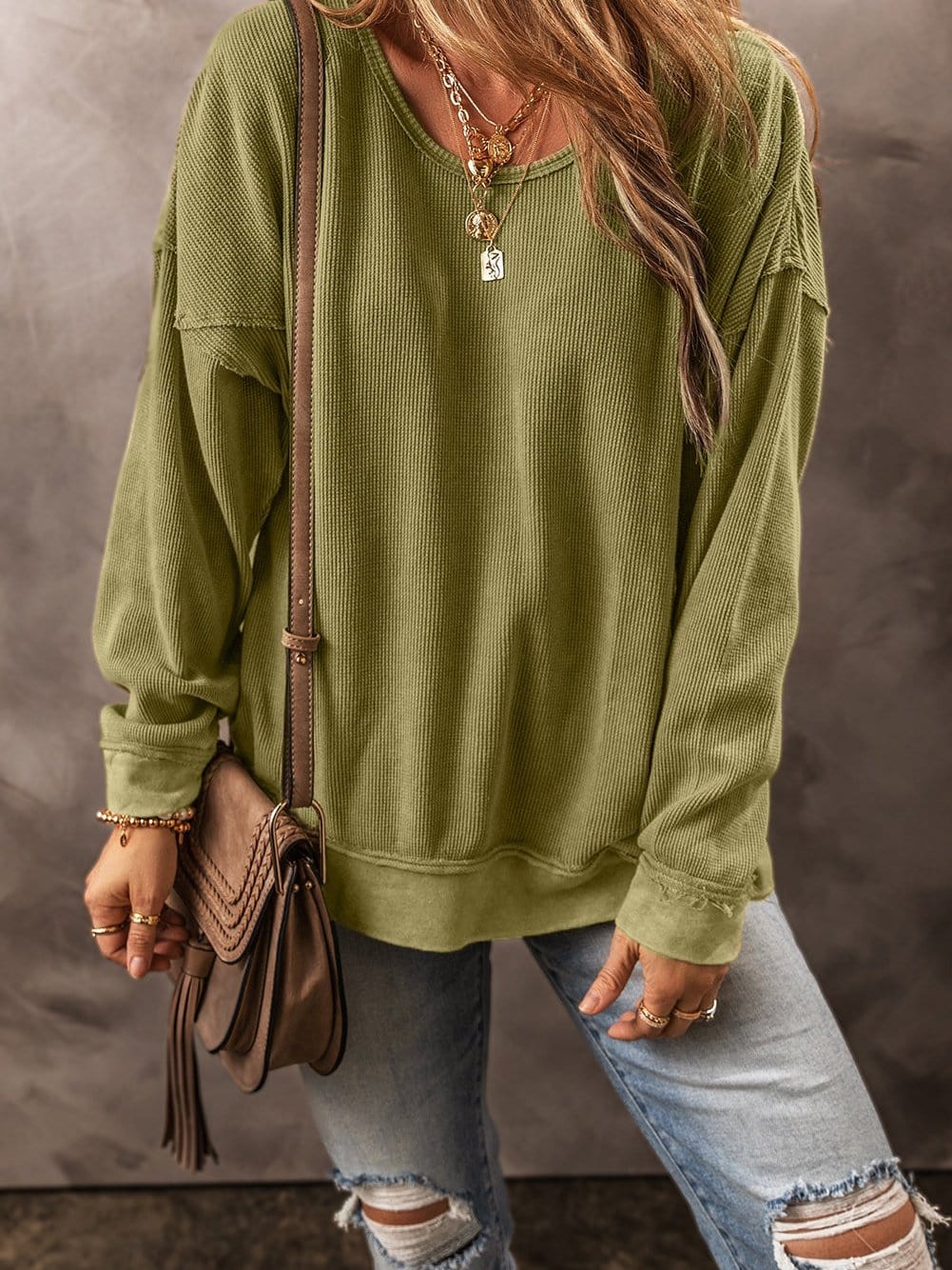 Jungle Green Textured Drop Shoulder Casual Sweatshirt