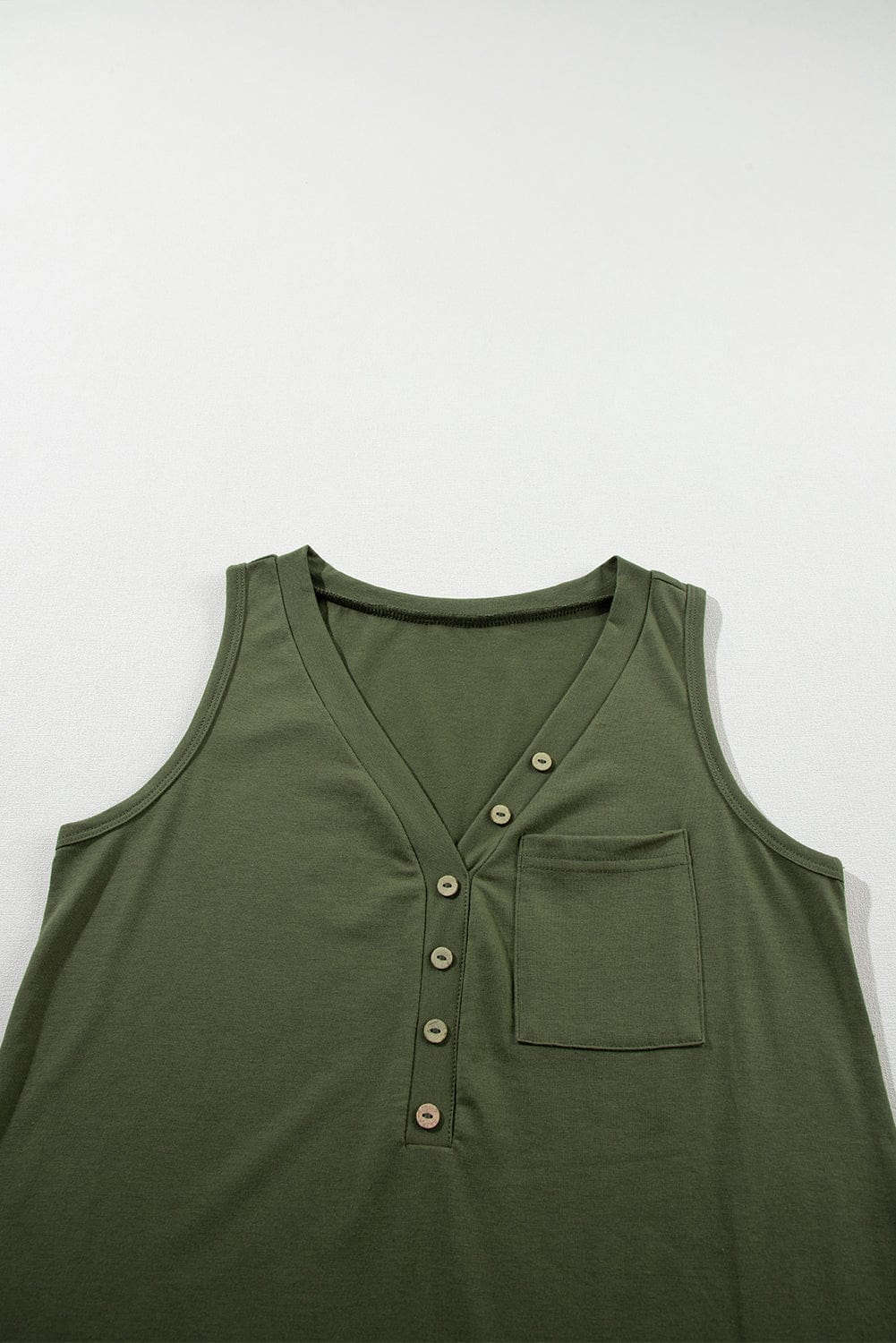 Jungle Green V Neck Sleeveless Tank Top with Patched Pocket