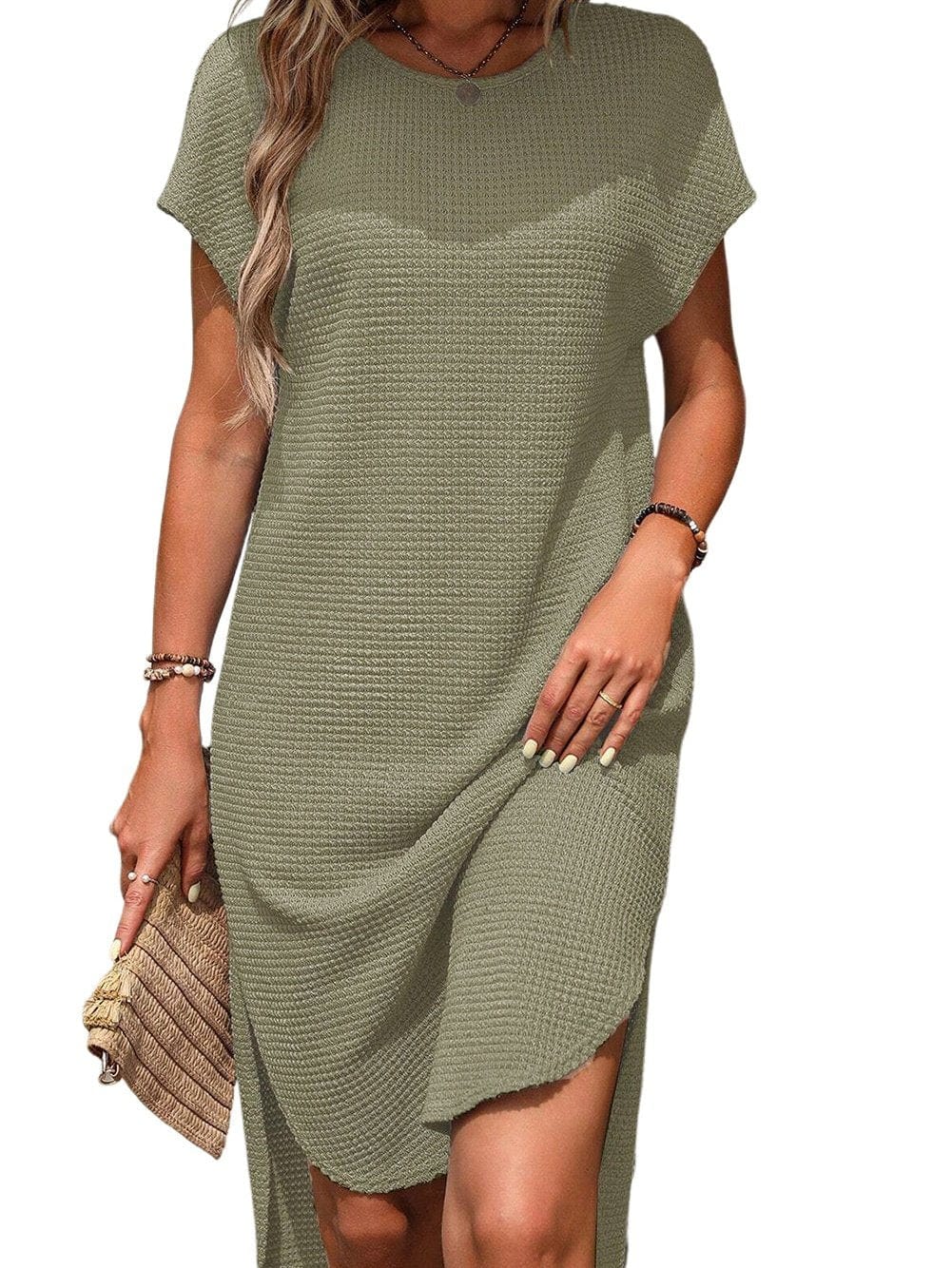 Jungle Green Waffle Knit Batwing Sleeve T-shirt Dress