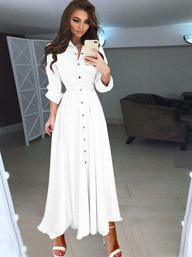 Women's Dress - Shirt Dress Chiffon Dress Swing Dress Maxi long Dress Formal Winter Dress Causal Polyester Fashion Elegant Stand Collar Pleated Button Long Sleeve Spring Fall Winter 2023 Regular Fit Black