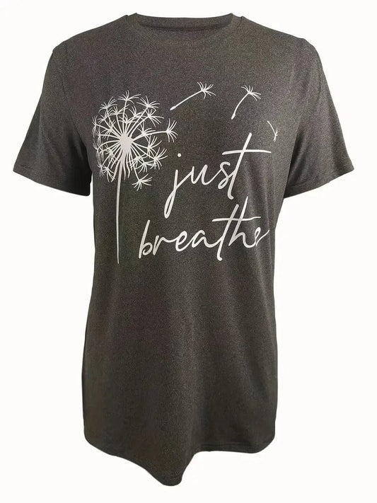 Just Relax Dandelion Print Tee, Casual Crew Neck Short Sleeve Shirt, Ladies Apparel