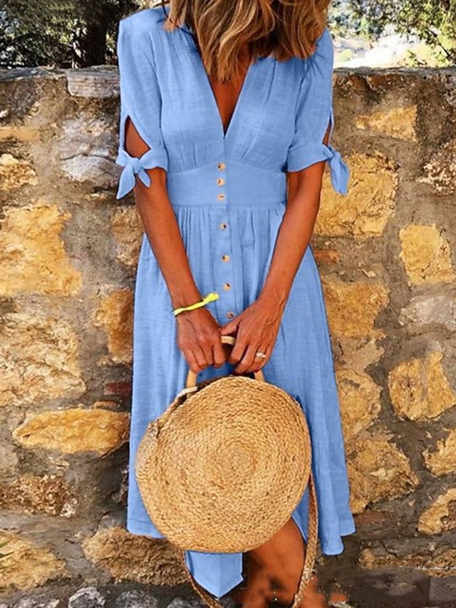 Women's Dress - Shirt Dress Sundress A Line Dress Maxi long Dress Outdoor Daily Holiday Polyester Vacation Hot V Neck Ruched Patchwork Short Sleeve Summer Spring 2023 Regular Fit Yellow Purple Orange Pure