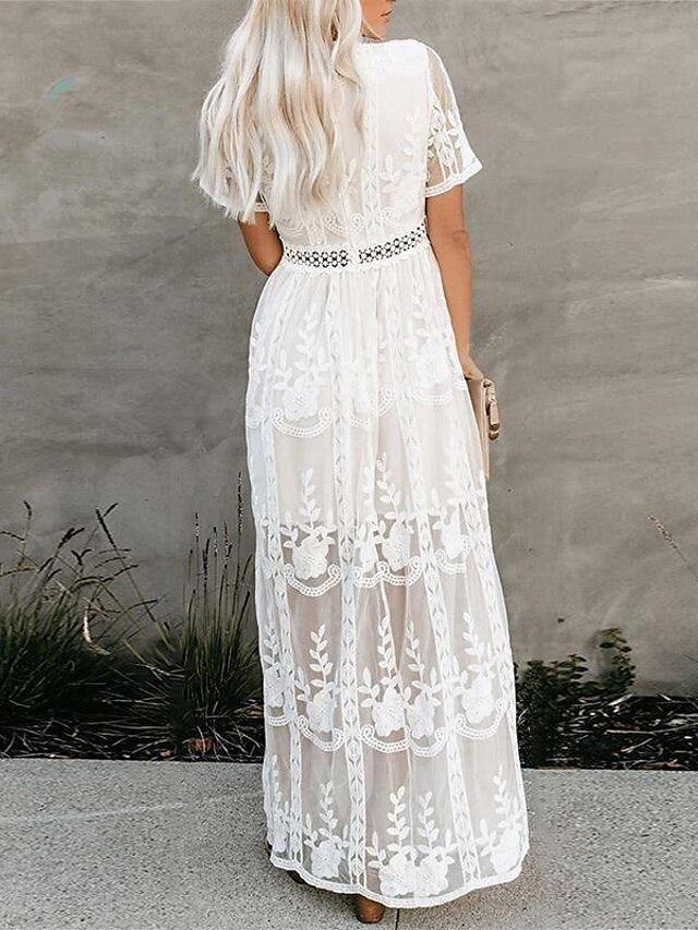 Women's Dress - Party Dress Lace Dress Sheath Dress Long Dress Maxi Dress White Short Sleeve Pure Color Fall Spring Summer Deep V S M L XL XXL