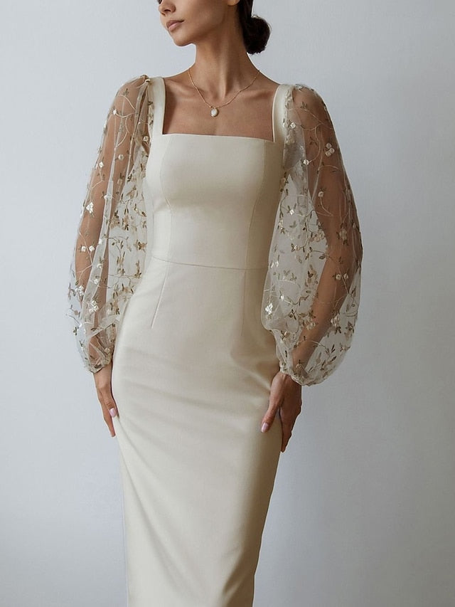 Women's Dress - Semi Formal Party Dress Sheath Dress Midi Dress Black White Long Sleeve Floral Mesh Fall Spring Square Neck Winter Dress Wedding Guest Mesh S M L XL