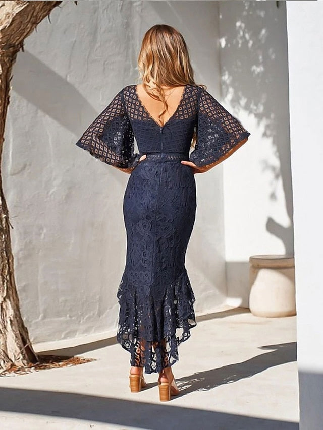 Women's Dress - Wedding Guest Dress Sheath Dress Lace Midi Dress White Red Wine Dark Blue Half Sleeve Pure Color Pure Color Fall Spring Autumn Sweetheart Elegant Spring Dress 2022 S M L XL