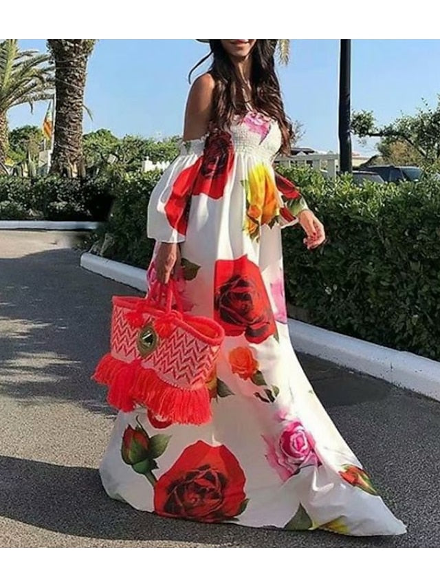 Women's Dress - Casual Dress Swing Dress Long Dress Maxi Dress Black White Short Sleeve Floral Patchwork Spring Summer Off Shoulder Slim S M L XL XXL
