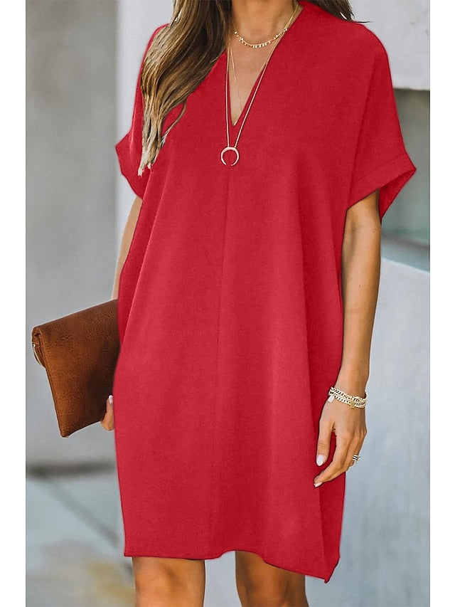 Women's Dress - Casual Dress Midi Dress Black White Yellow Short Sleeve Pure Color Summer Spring V Neck Hot  S M L XL XXL