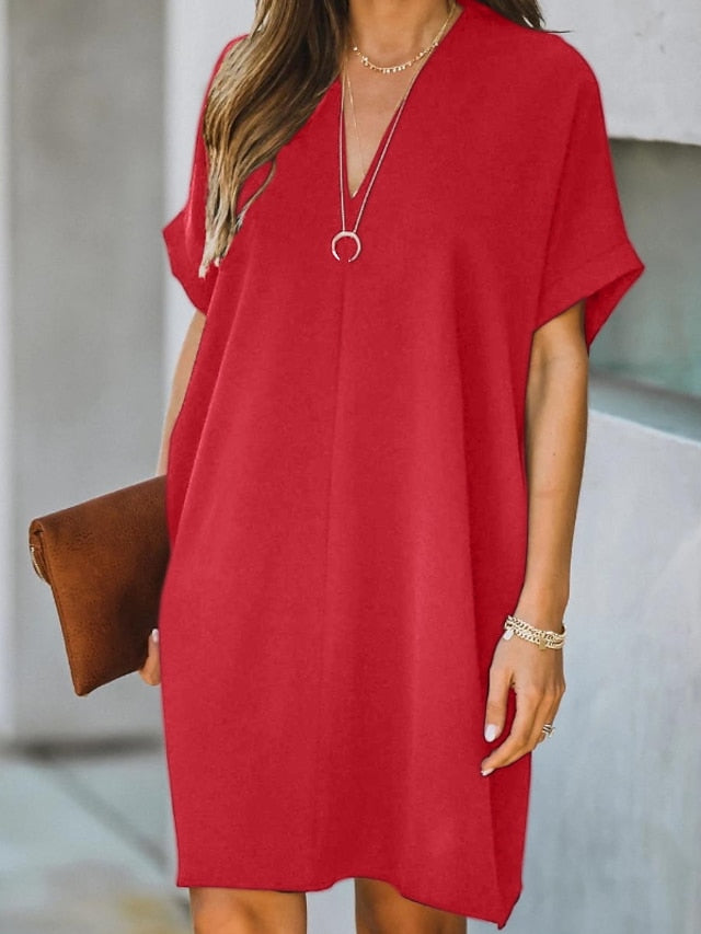 Women's Dress - Casual Dress Midi Dress Black White Yellow Short Sleeve Pure Color Summer Spring V Neck Hot  S M L XL XXL