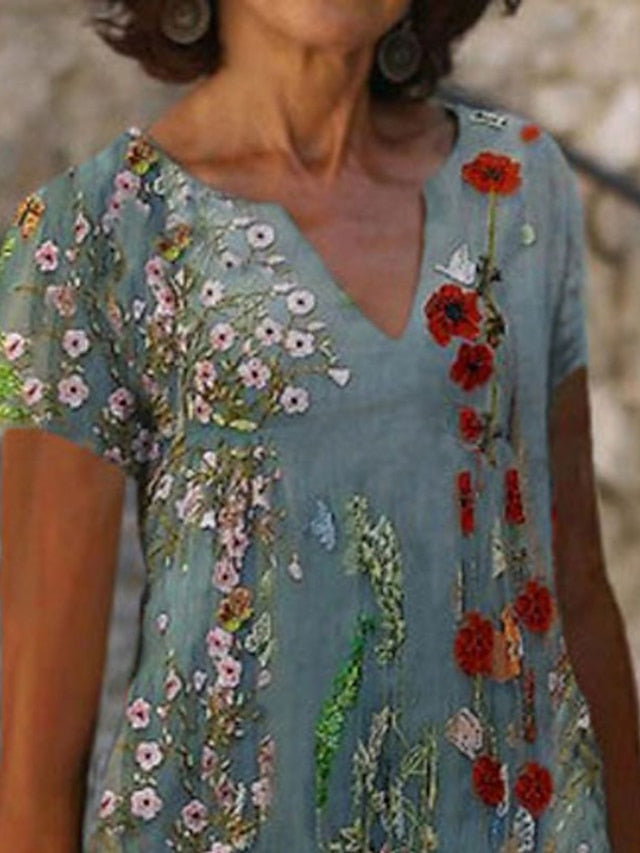Women's Dress - Casual Dress Shift Dress Midi Dress Green Khaki Short Sleeve Floral Print Summer Spring V Neck Fashion Vacation 2023 S M L XL XXL 3XL