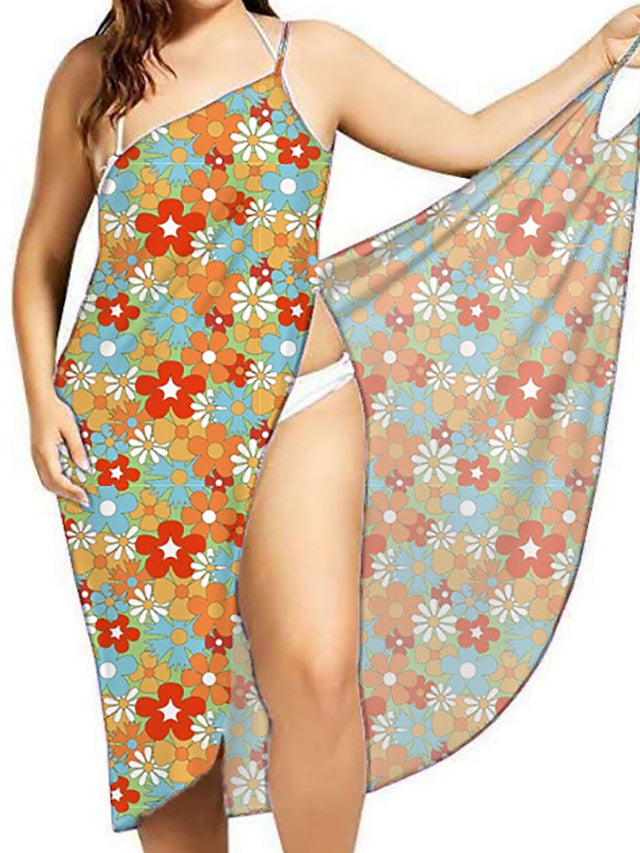 Women's Dress - Swimwear Cover Up Beach Dress Normal Swimsuit Printing for Big Busts Leopard Floral Black White Pink Blue Sky Blue Bathing Suits New Vacation Fashion