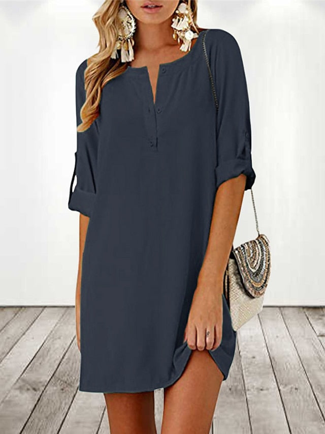 Women's Dress - Cotton Linen Dress T Shirt Dress Tee Dress Shift Dress Mini Dress Linen Cotton Blend Stylish Basic Outdoor Daily Holiday Split Neck Ruched Half Sleeve Summer Spring 2023 Regular Fit Black