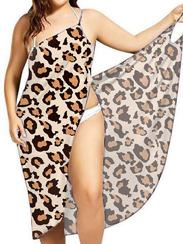 Women's Dress - Swimwear Cover Up Beach Dress Normal Swimsuit Printing for Big Busts Leopard Floral Black White Pink Blue Sky Blue Bathing Suits New Vacation Fashion