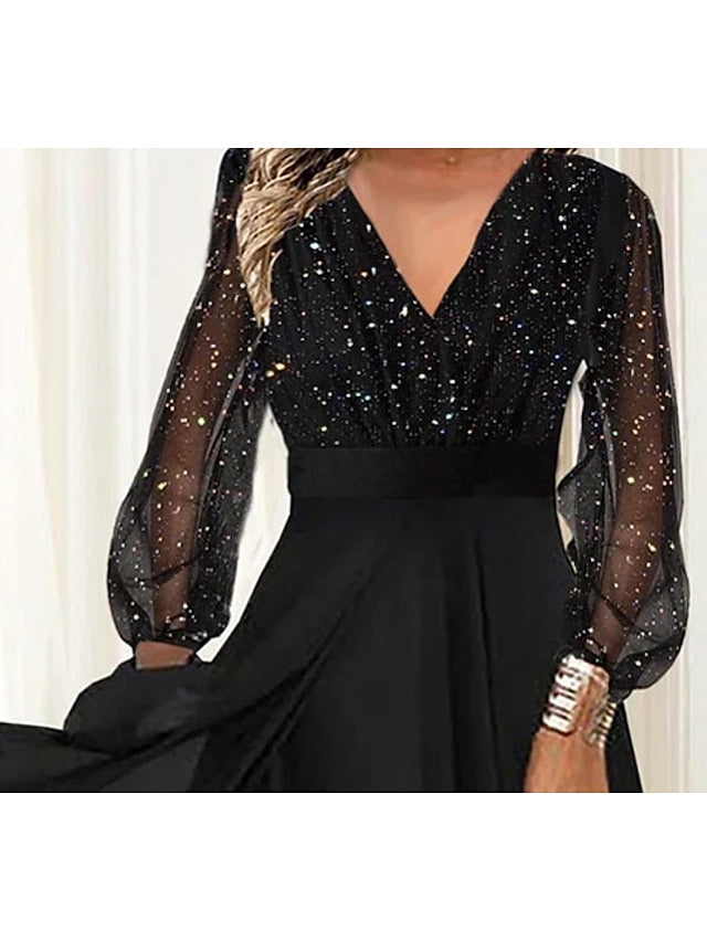 Women's Dress - Semi Formal Party Dress Wedding Guest Dress Swing Dress Midi Dress Black Long Sleeve Polka Dot Sequins Winter Fall Spring V Neck Stylish Vacation 2023 S M L XL XXL 3XL