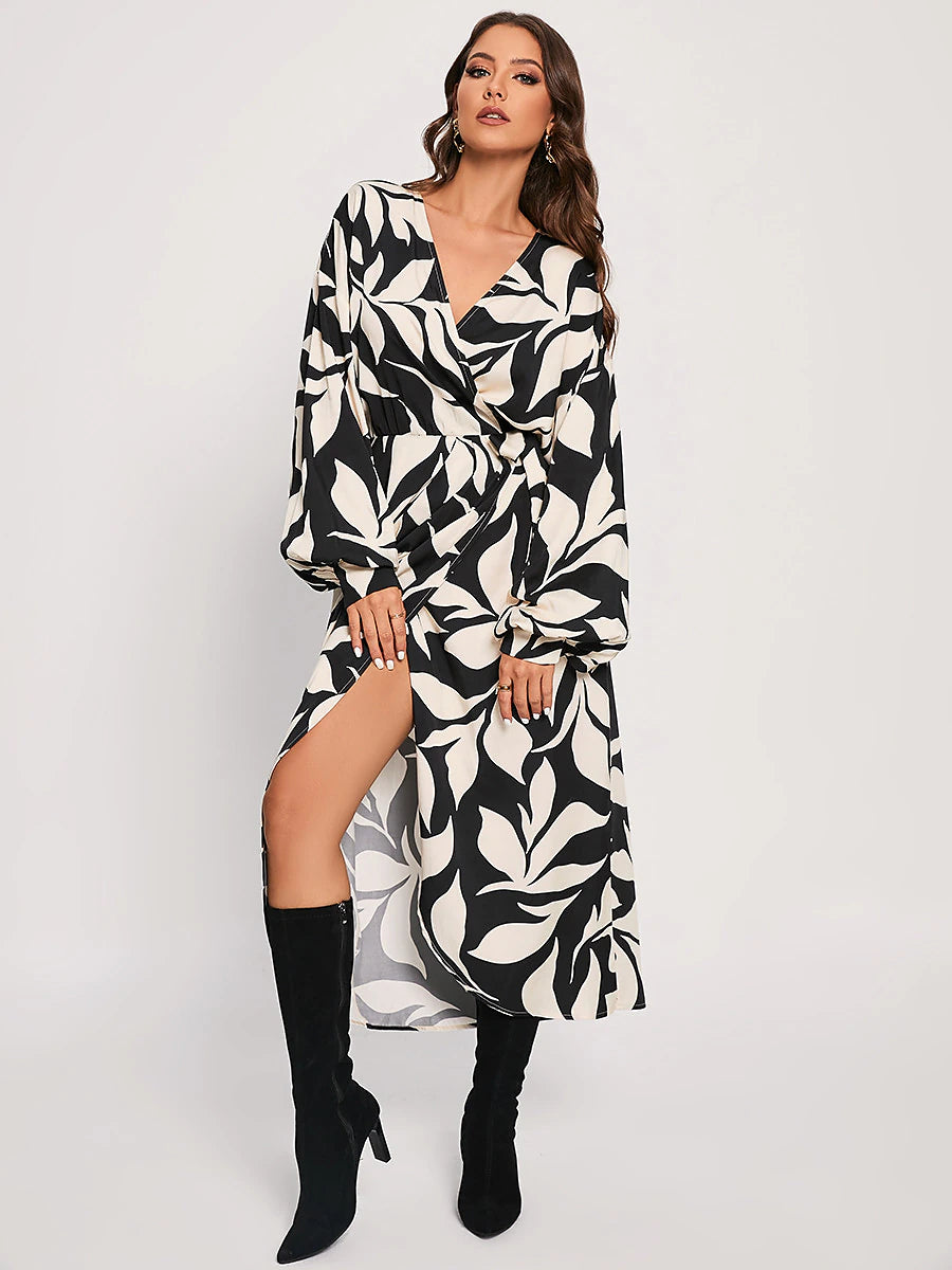 Leaf Floral Wrap Dress Tencel Midi Dress Black And White Print