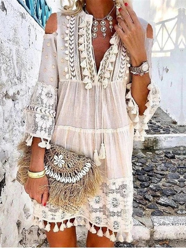 Women's Dress - Shift Dress Boho Dress Mini Dress White Yellow Pink 3/4 Length Sleeve Pure Color Tassel Fringe Summer Spring V Neck Vacation Loose Fit 2023 S M L XL XXL 3XL 4XL 5XL