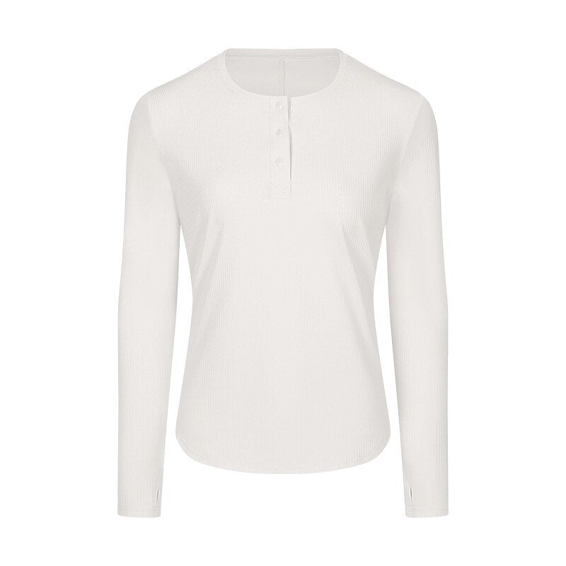 Women's Running T-Shirt Henley Shirt Solid Color Yoga Fitness Button Ribbed Black White Pink Crew Neck Long Sleeve High Elasticity Spring & Fall