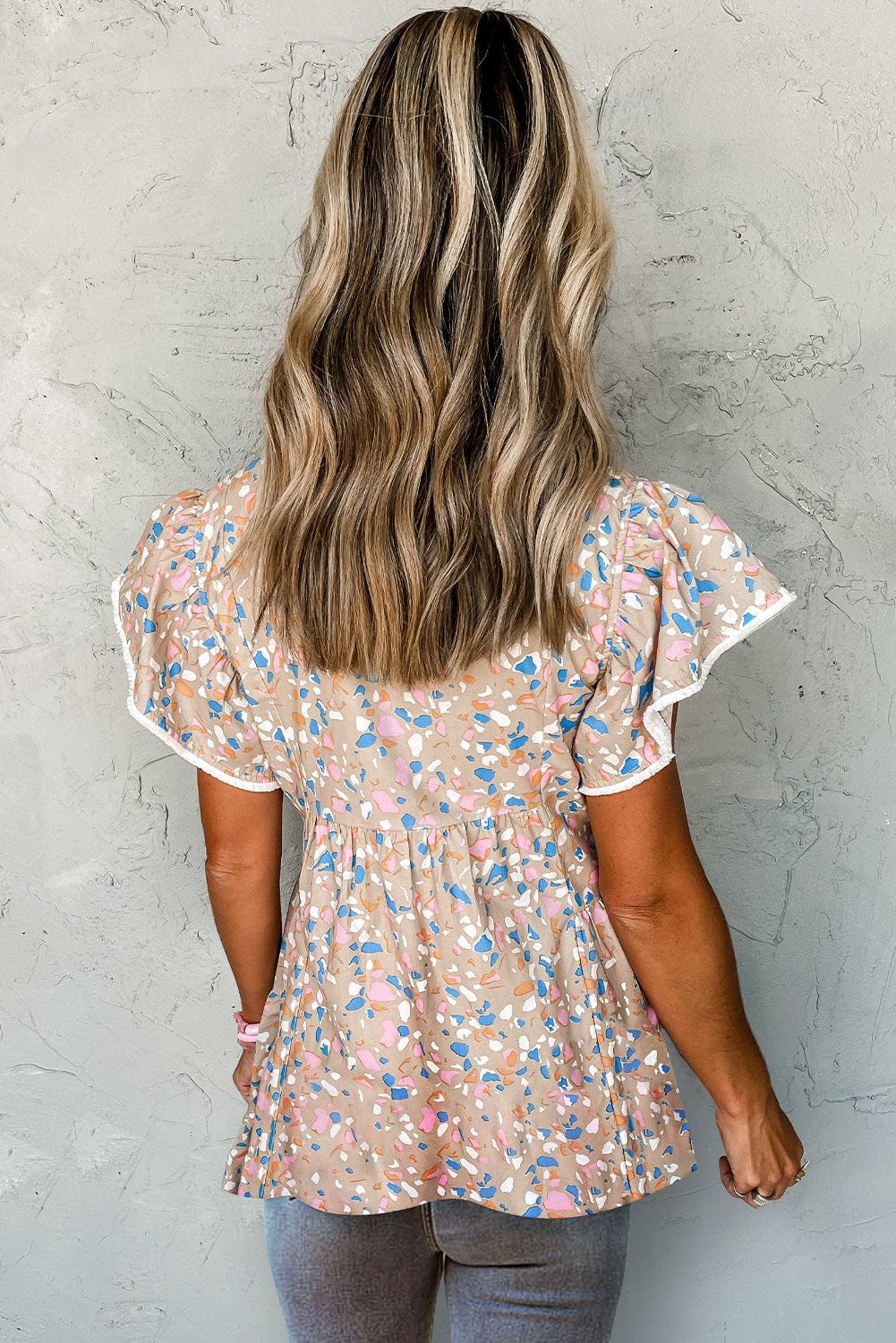 Khaki Abstract Print Crisscross V Neck Ruffle Sleeve Flowy Blouse