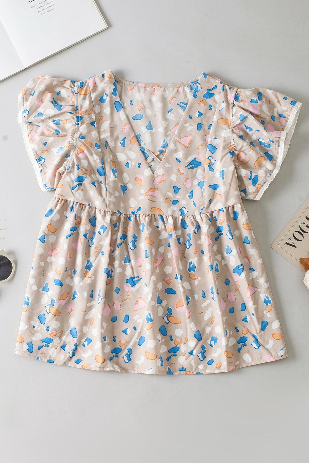 Khaki Abstract Print Crisscross V Neck Ruffle Sleeve Flowy Blouse