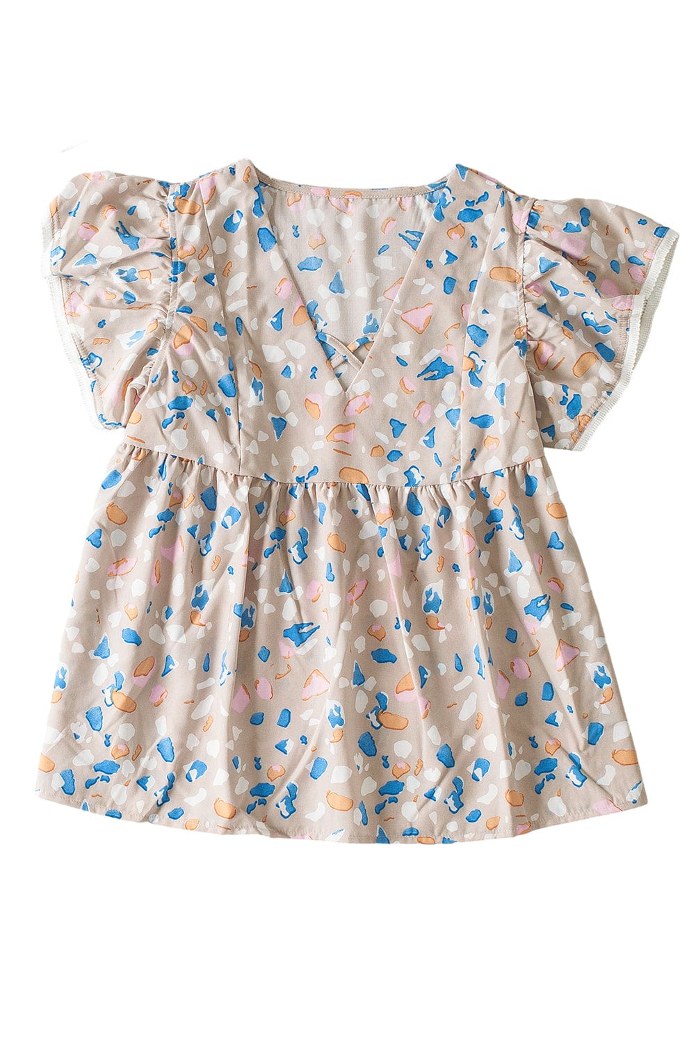 Khaki Abstract Print Crisscross V Neck Ruffle Sleeve Flowy Blouse