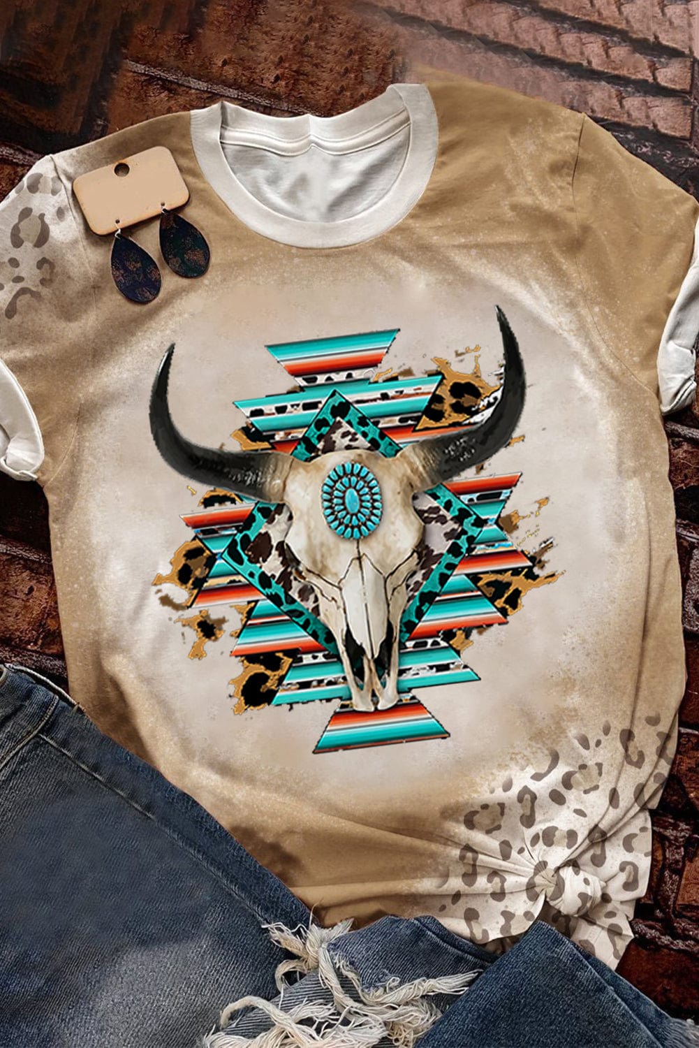 Khaki Aztec Steer Head Leopard Print Graphic Tee for Western Style