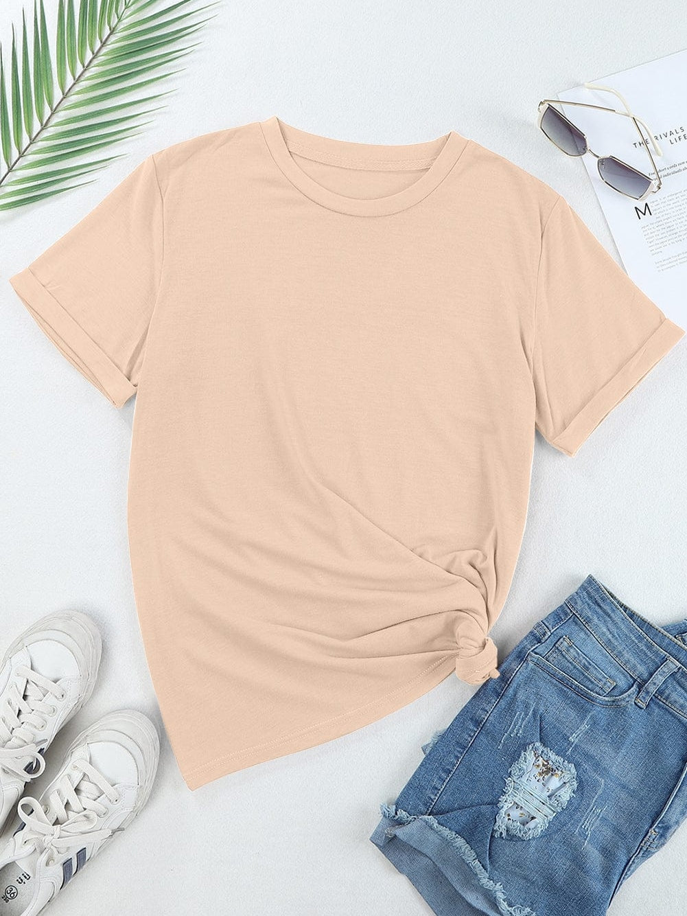 Khaki Basic Round Neck Short Sleeve Top