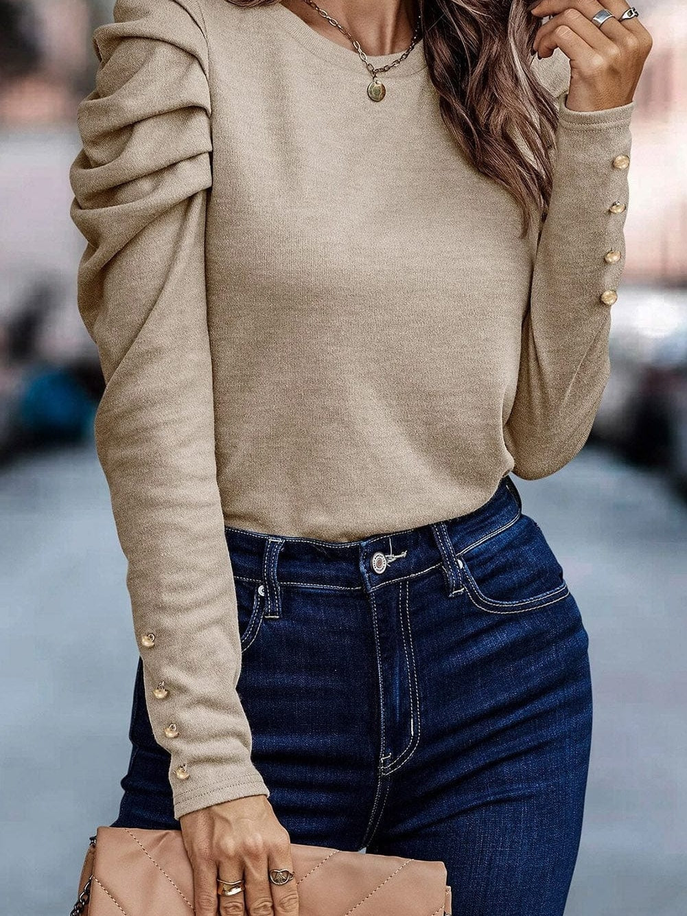 Khaki Buttoned Cuff Long Sleeve Sheath Blouse