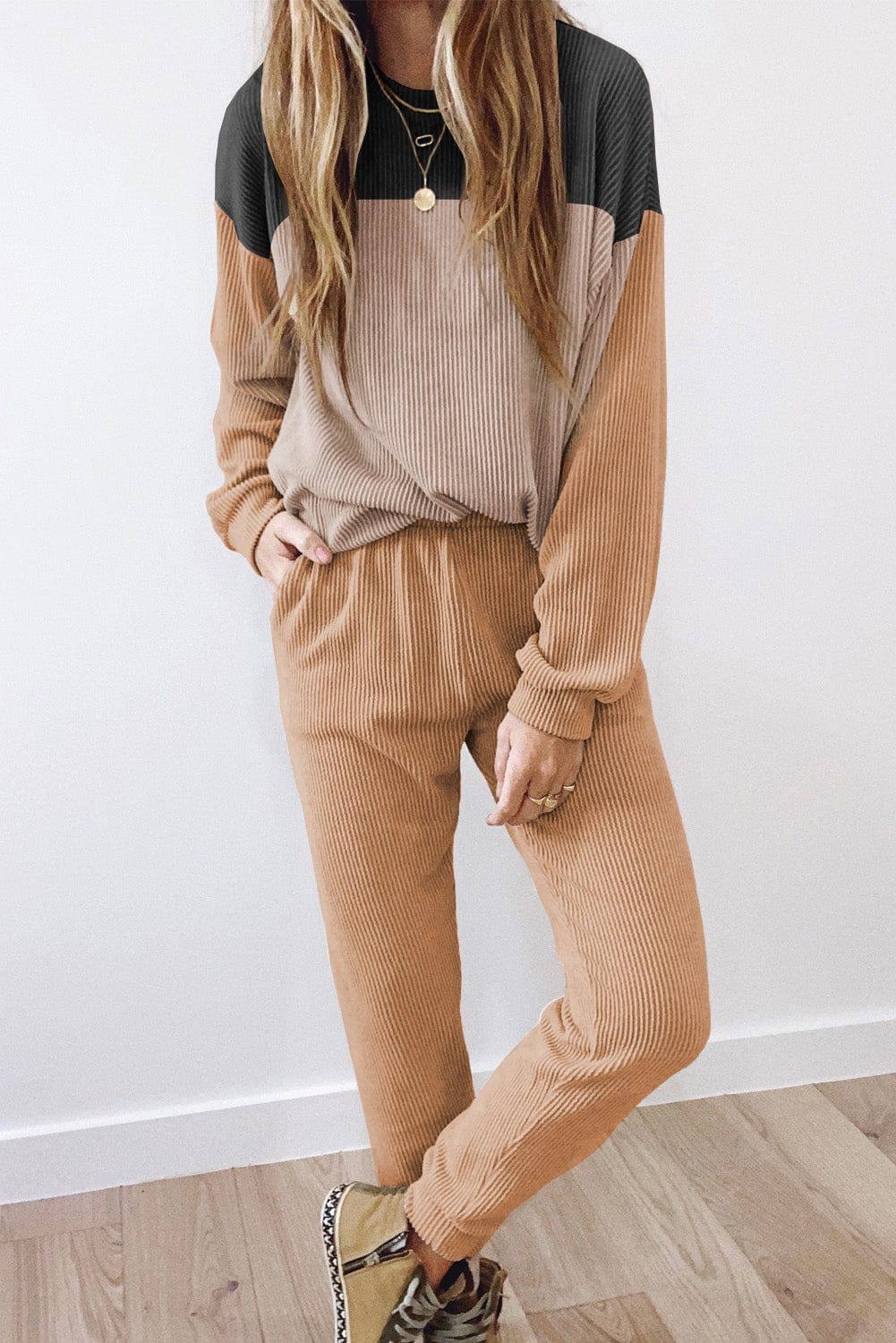 Khaki Colorblock Pullover and Jogger Pants Set