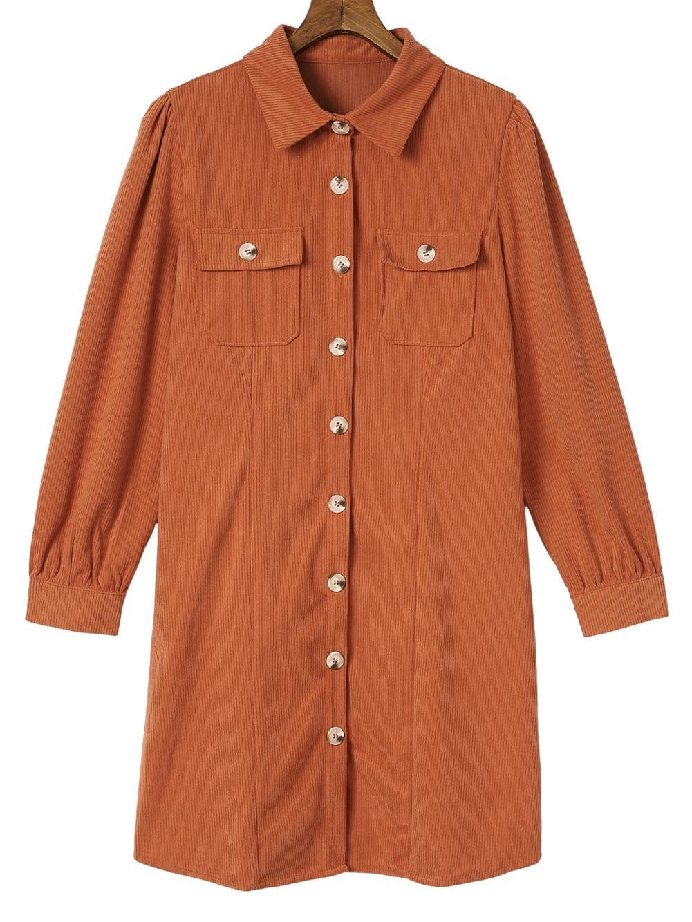 Khaki Corduroy Button-Up Long Sleeve Mini Dress