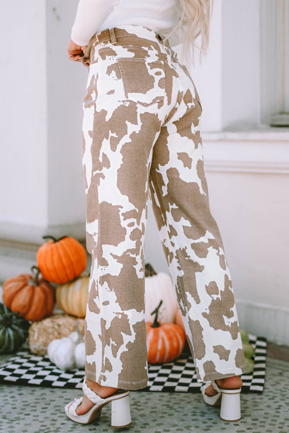 Khaki Cow Print Denim Jeans with Leopard Detail